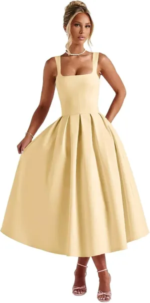 cantcauli Satin Midi Prom Dress for Women Spaghetti Strap A Line Formal Evening Dress with Pockets CT065