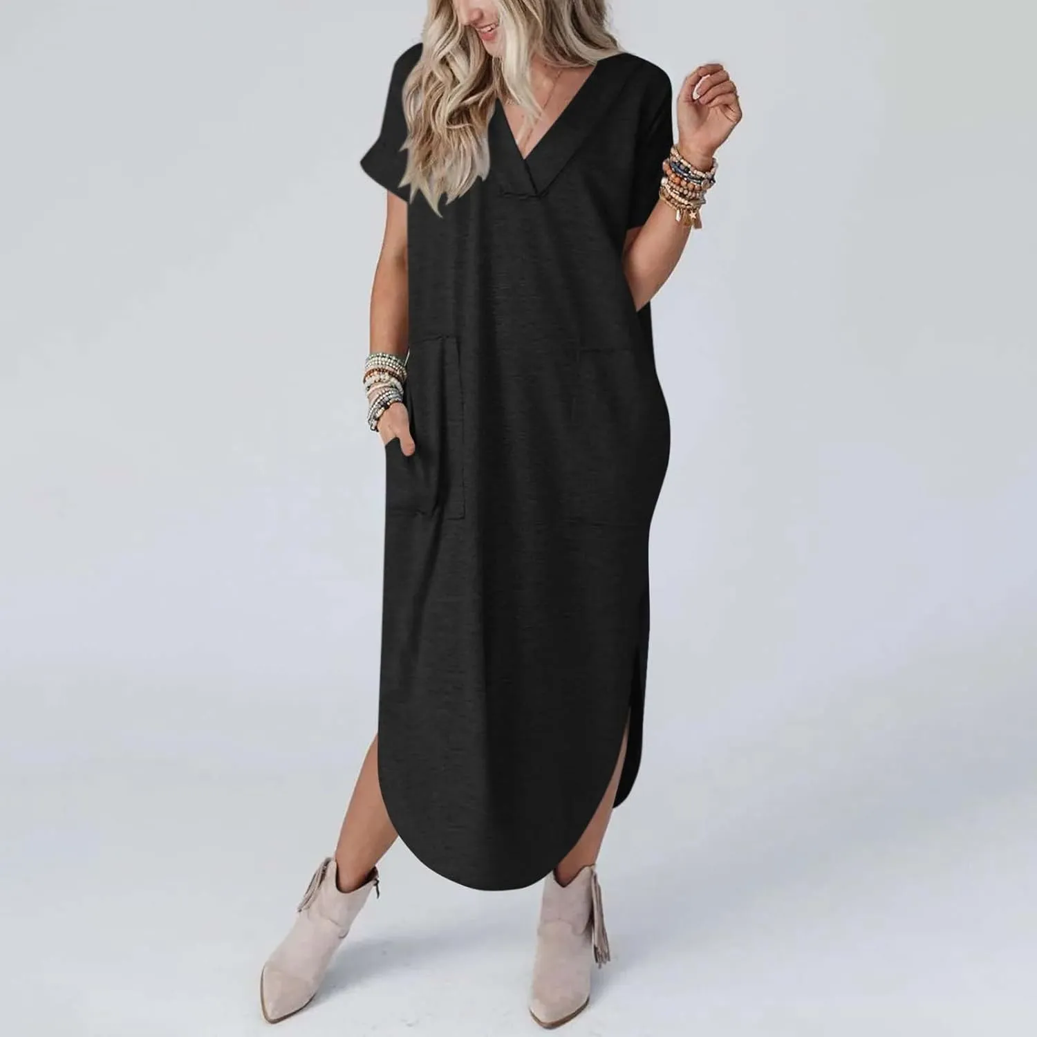 Casual Dresses for Women Summer Short Sleeve T-Shirt Dress Swing A Line Beach Vacation Sundresses with Pockets