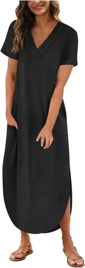 Casual Dresses for Women Summer Short Sleeve T-Shirt Dress Swing A Line Beach Vacation Sundresses with Pockets