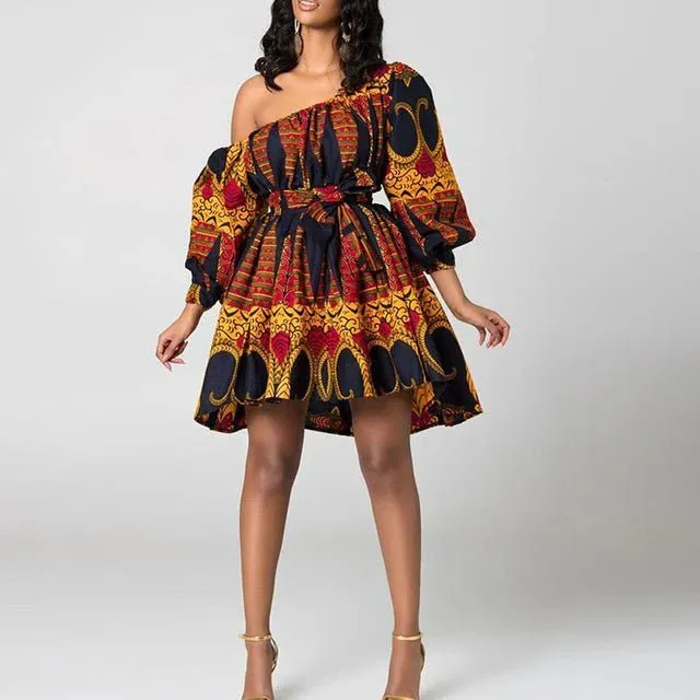 Chic Dashiki: Off-Shoulder Mini Dress with Tribal Flair – Elevate Your African Fashion