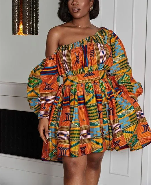 Chic Dashiki: Off-Shoulder Mini Dress with Tribal Flair – Elevate Your African Fashion