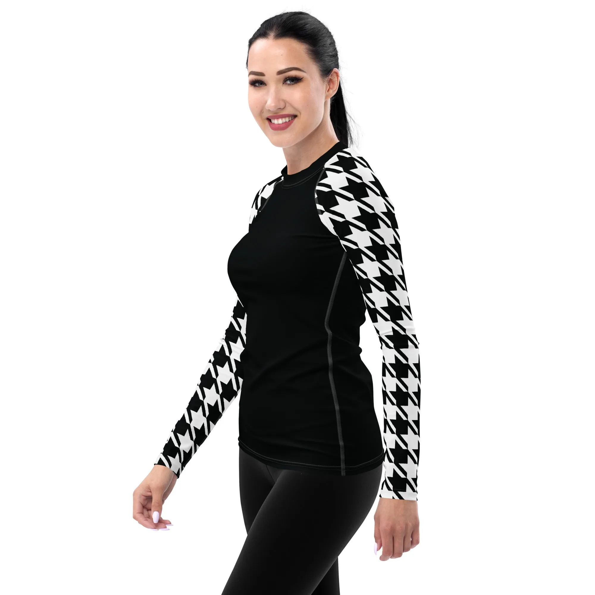 Chic Performance: Houndstooth Long Sleeve BJJ Rash Guard for Women Noir