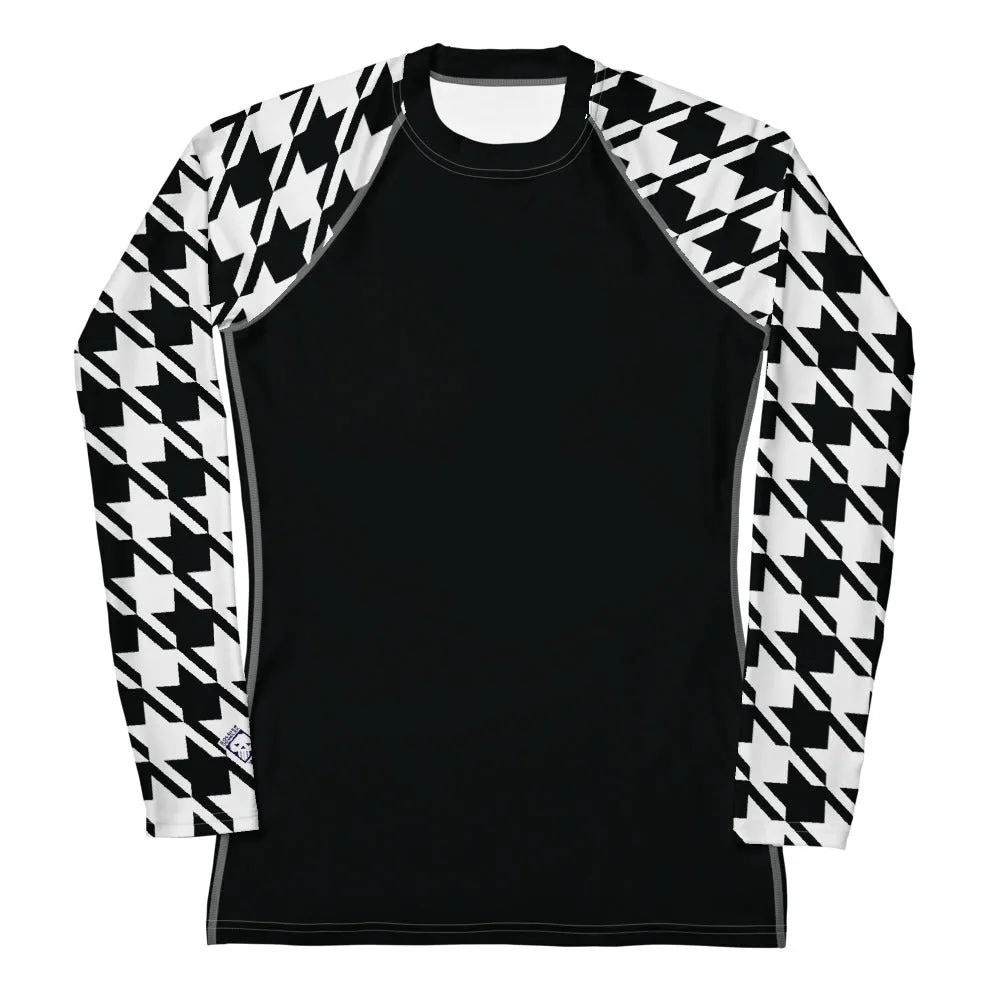 Chic Performance: Houndstooth Long Sleeve BJJ Rash Guard for Women Noir