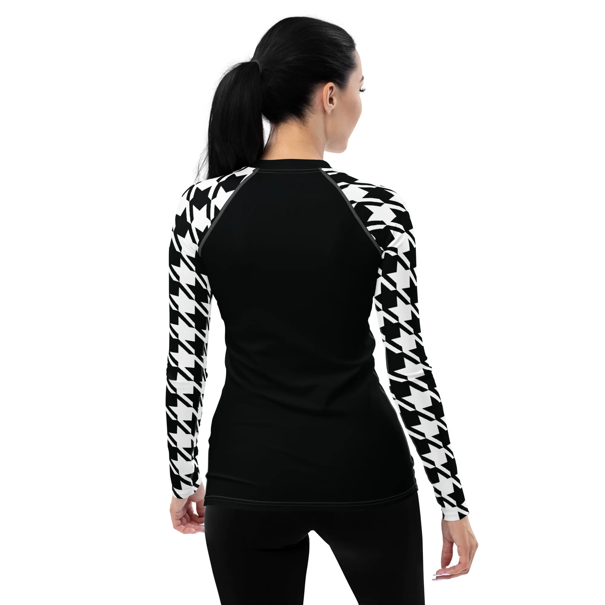 Chic Performance: Houndstooth Long Sleeve BJJ Rash Guard for Women Noir