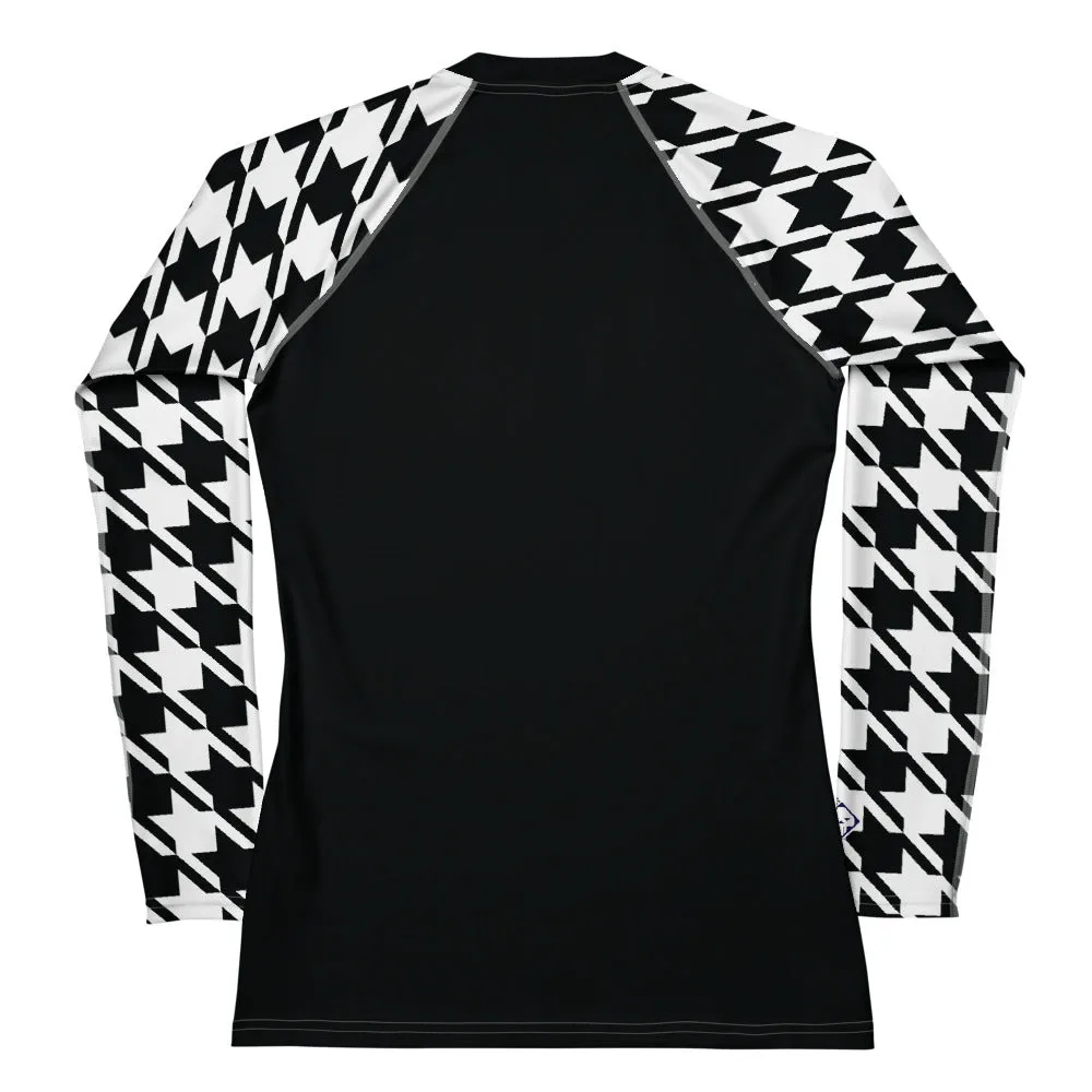 Chic Performance: Houndstooth Long Sleeve BJJ Rash Guard for Women Noir