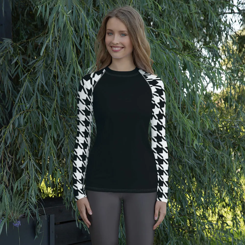 Chic Performance: Houndstooth Long Sleeve BJJ Rash Guard for Women Noir