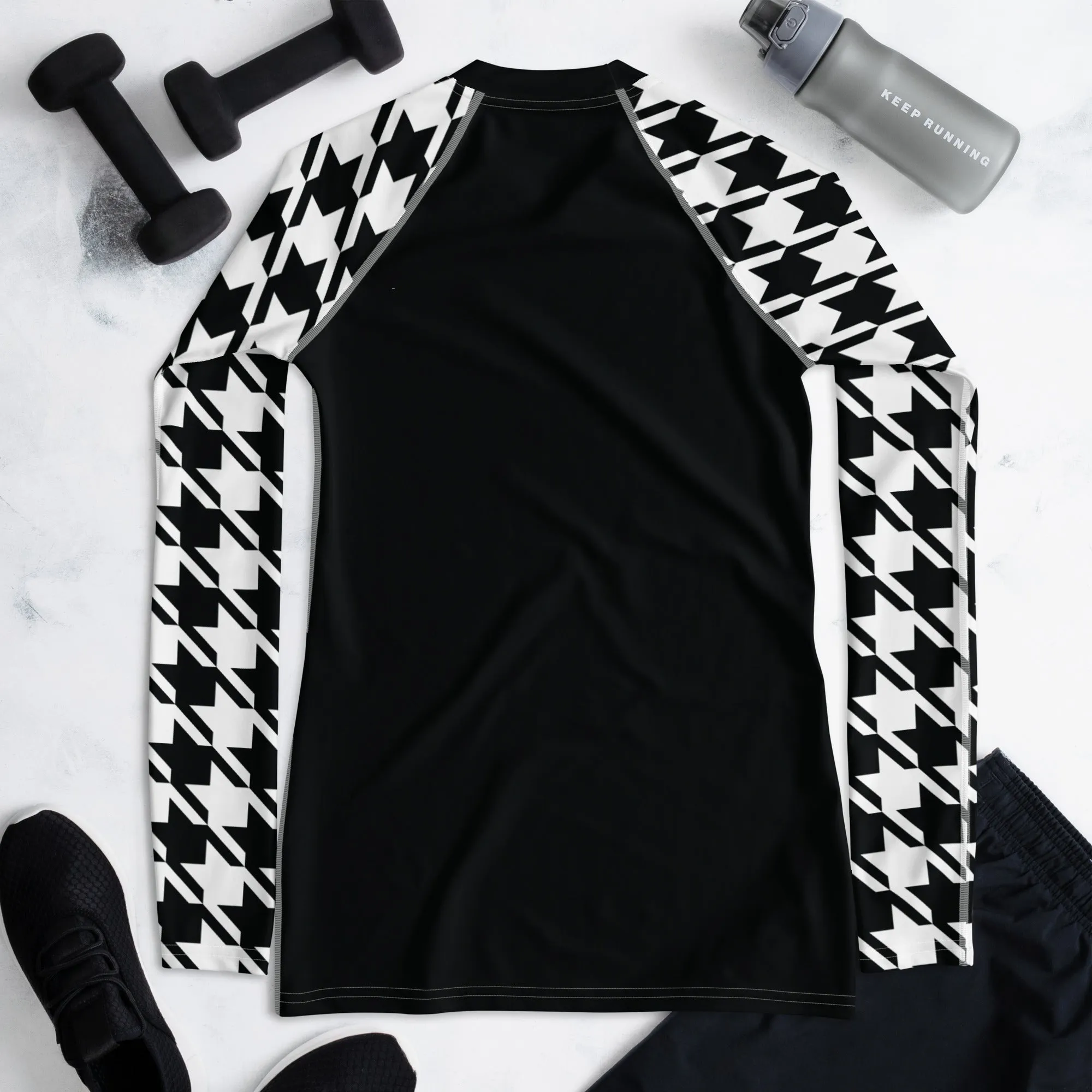 Chic Performance: Houndstooth Long Sleeve BJJ Rash Guard for Women Noir