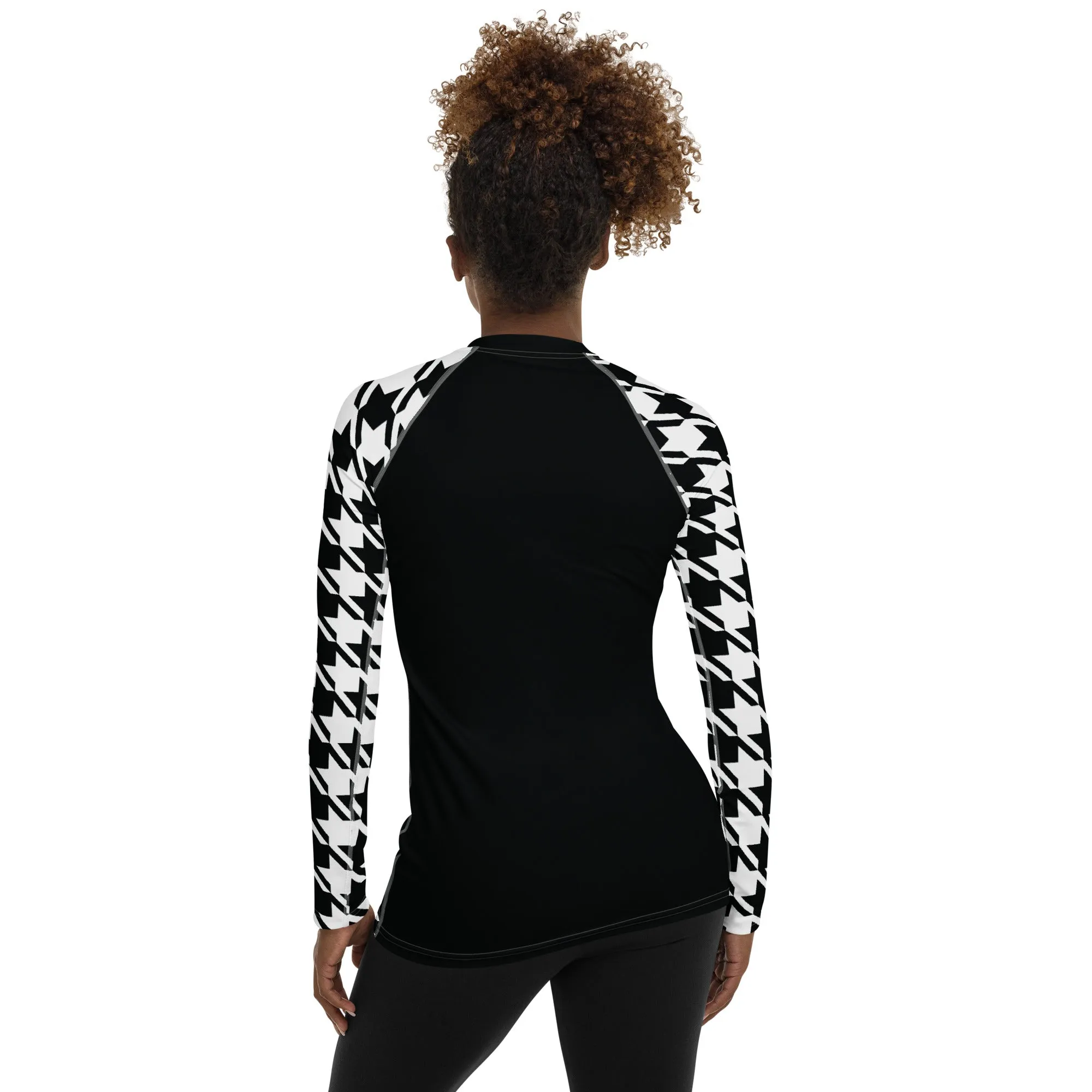 Chic Performance: Houndstooth Long Sleeve BJJ Rash Guard for Women Noir