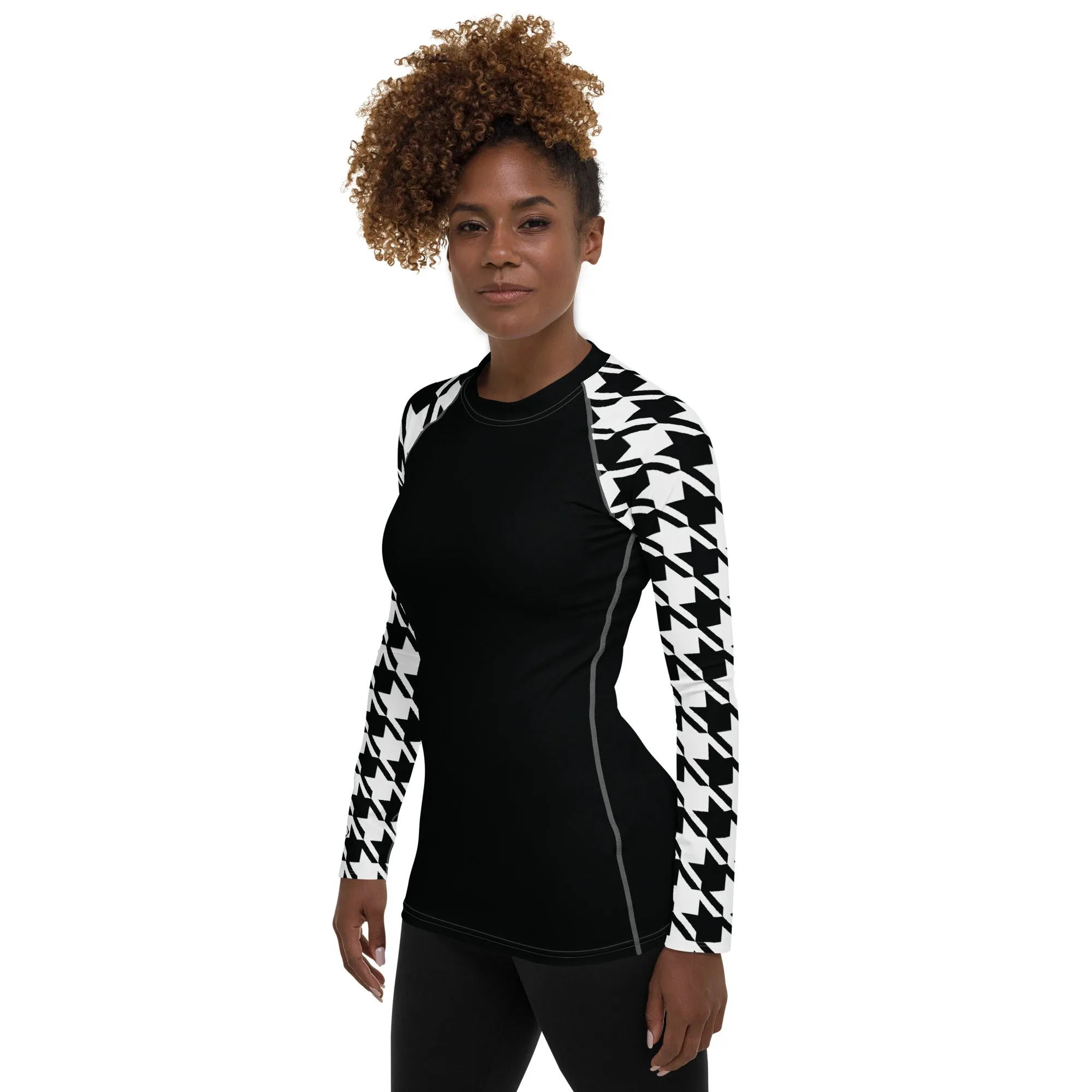 Chic Performance: Houndstooth Long Sleeve BJJ Rash Guard for Women Noir