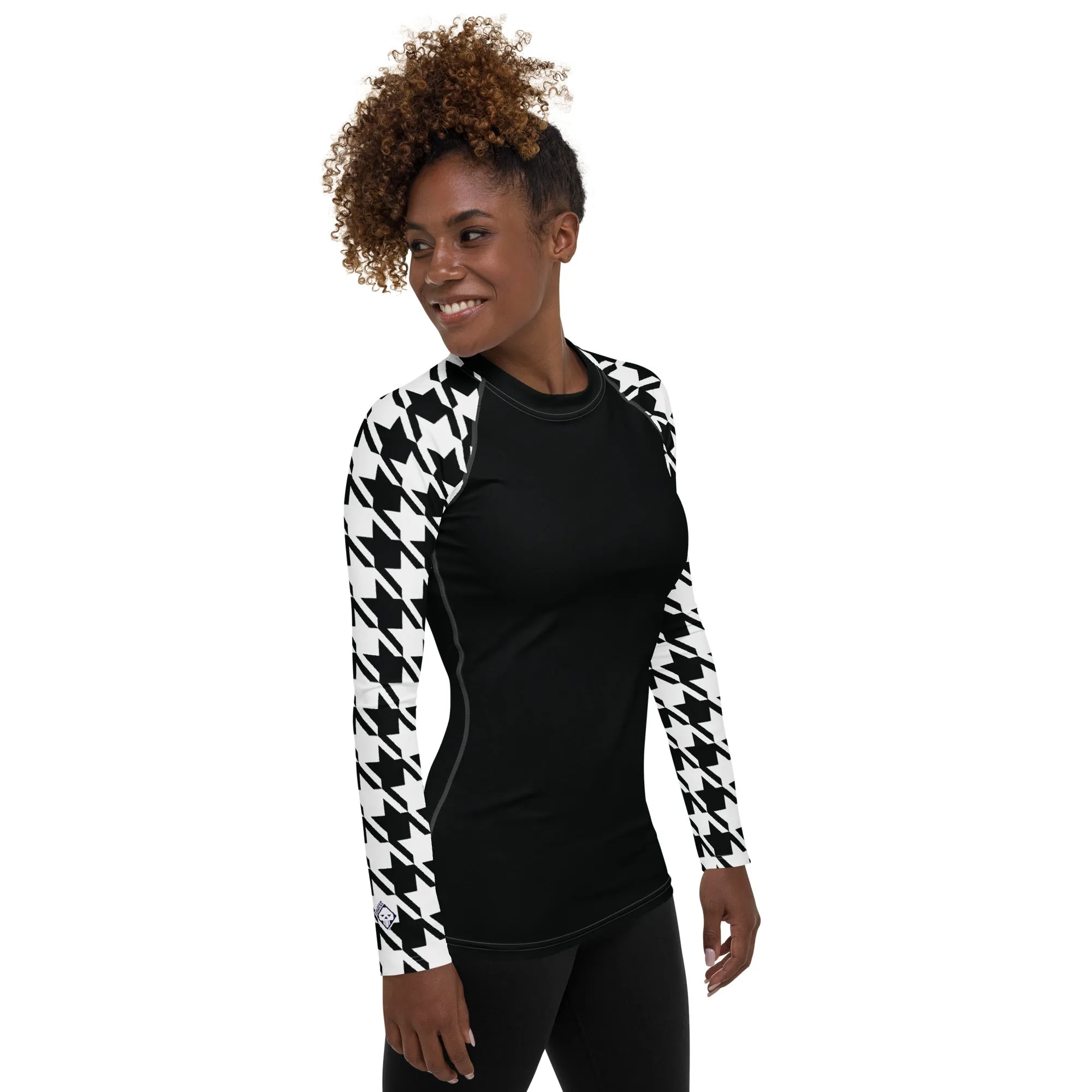 Chic Performance: Houndstooth Long Sleeve BJJ Rash Guard for Women Noir