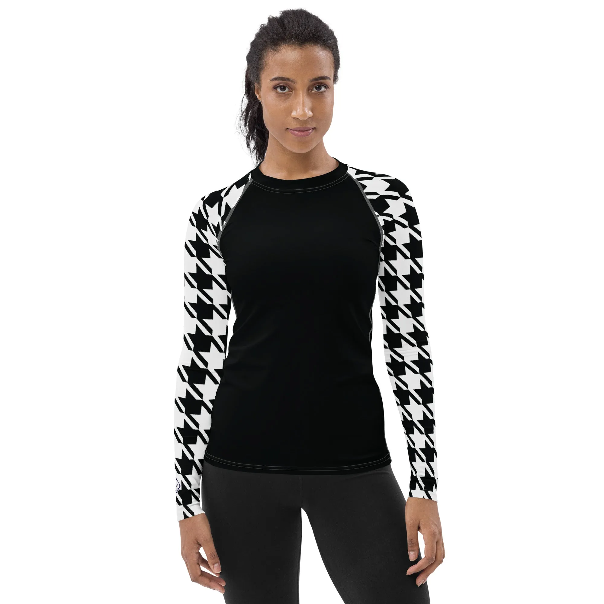 Chic Performance: Houndstooth Long Sleeve BJJ Rash Guard for Women Noir