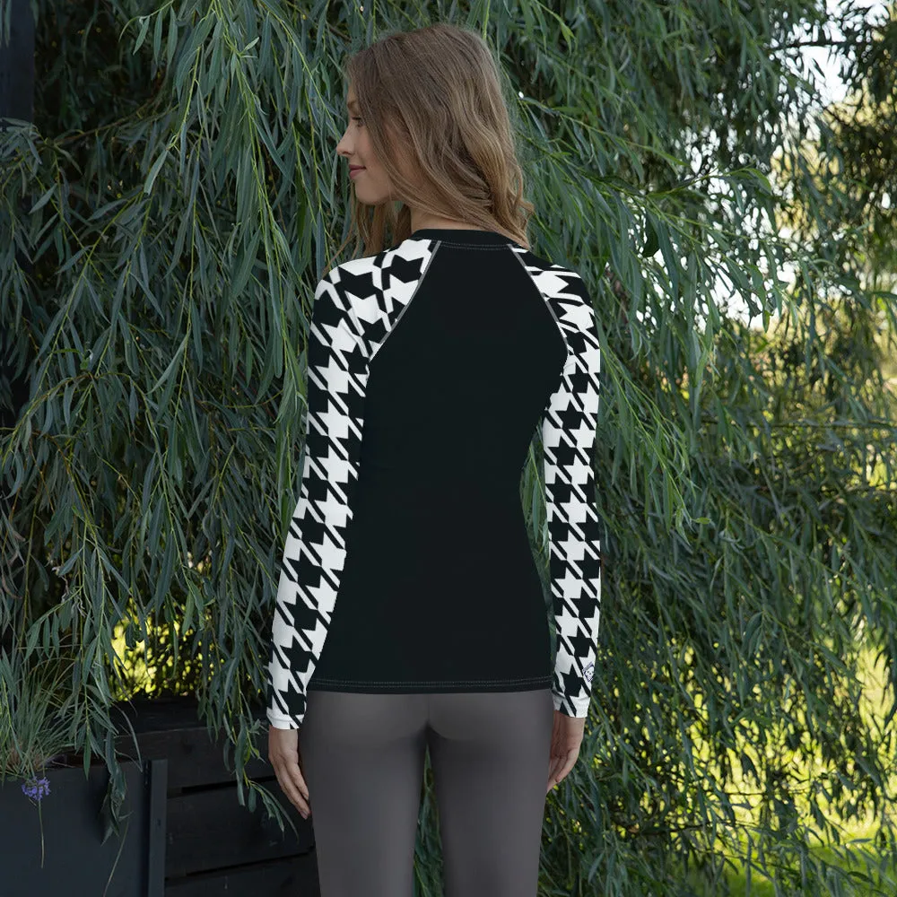 Chic Performance: Houndstooth Long Sleeve BJJ Rash Guard for Women Noir