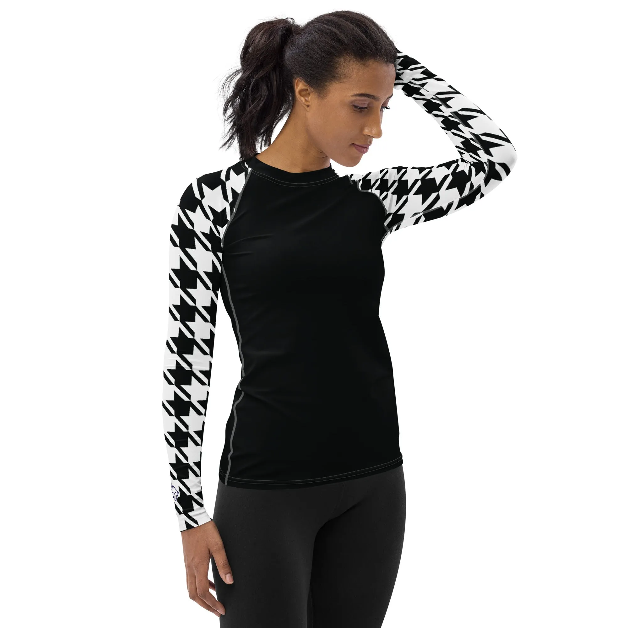 Chic Performance: Houndstooth Long Sleeve BJJ Rash Guard for Women Noir
