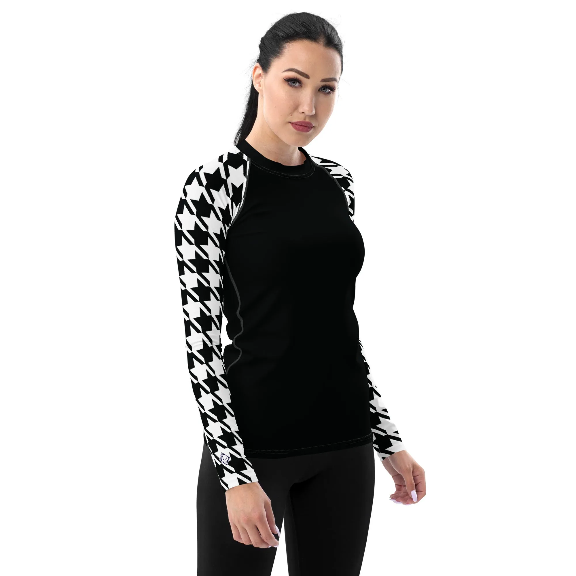 Chic Performance: Houndstooth Long Sleeve BJJ Rash Guard for Women Noir
