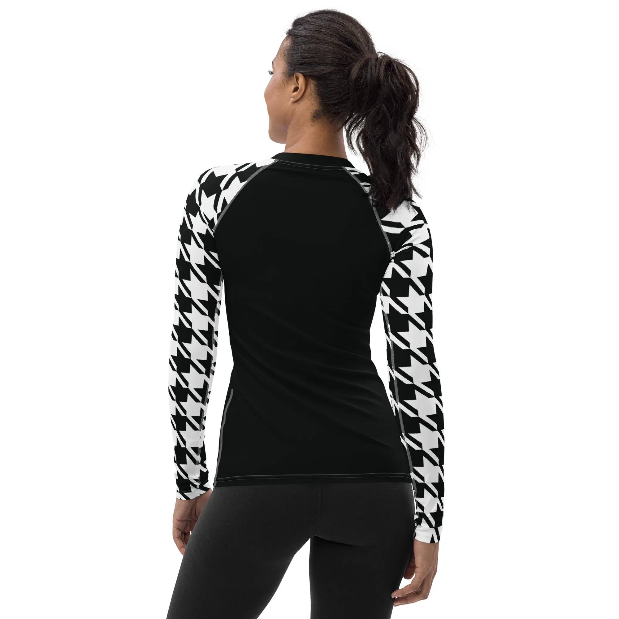 Chic Performance: Houndstooth Long Sleeve BJJ Rash Guard for Women Noir