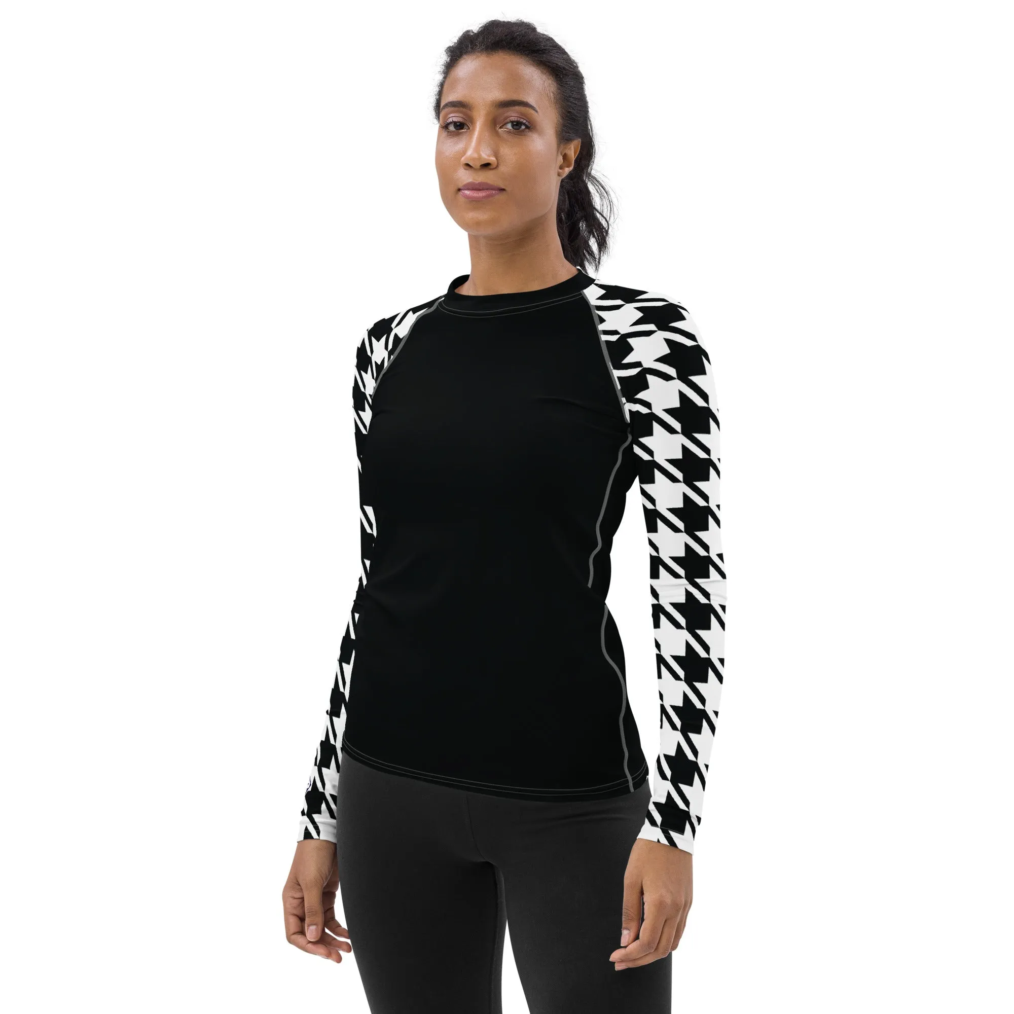 Chic Performance: Houndstooth Long Sleeve BJJ Rash Guard for Women Noir