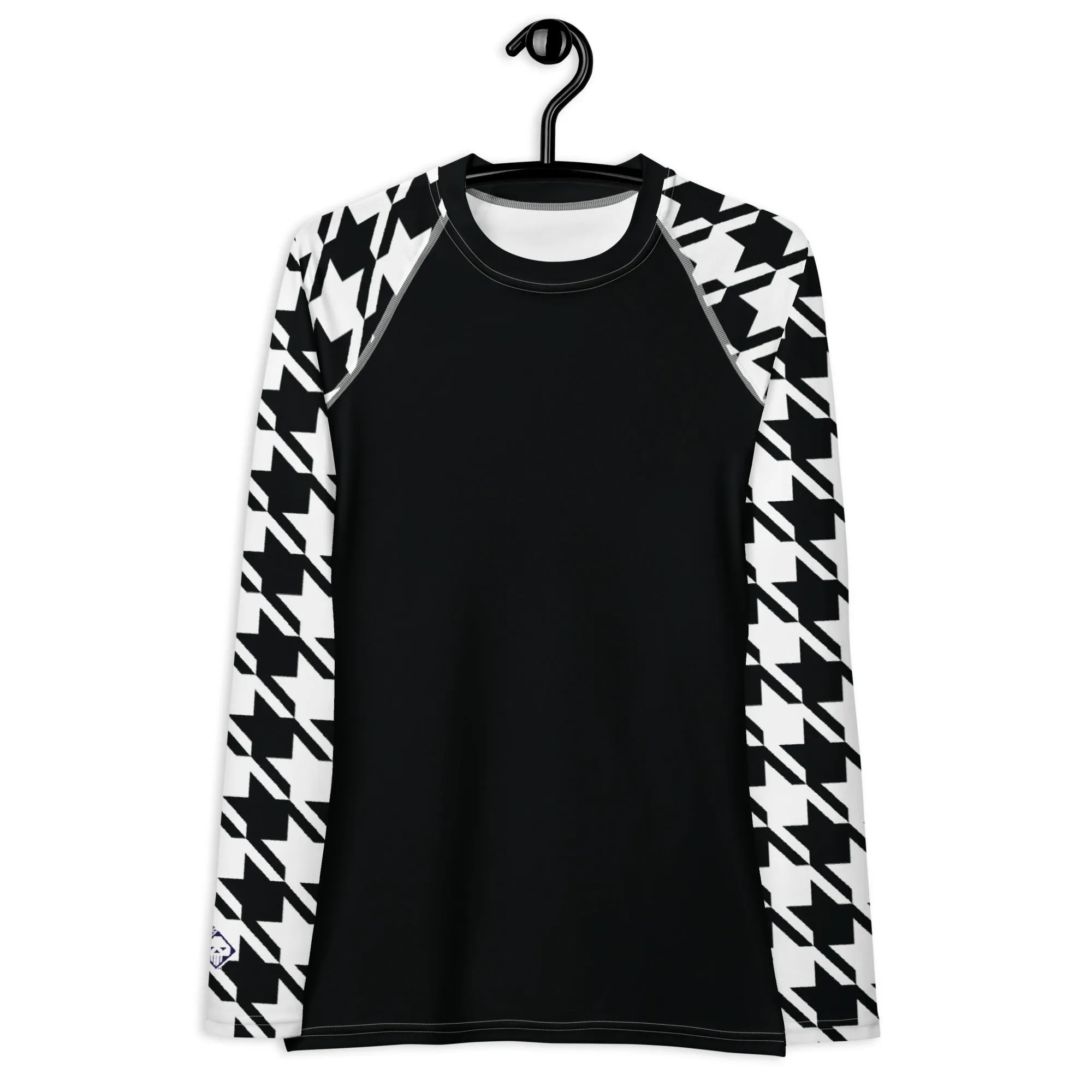 Chic Performance: Houndstooth Long Sleeve BJJ Rash Guard for Women Noir