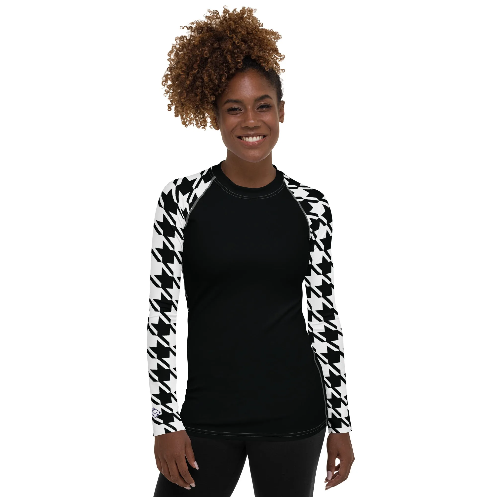Chic Performance: Houndstooth Long Sleeve BJJ Rash Guard for Women Noir