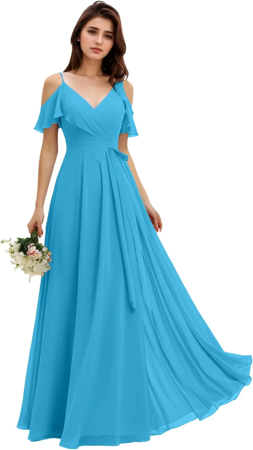 Chiffon Bridesmaid Dresses for Wedding with Slit Formal Wedding Guest Dresses for Women with Pocket NO82