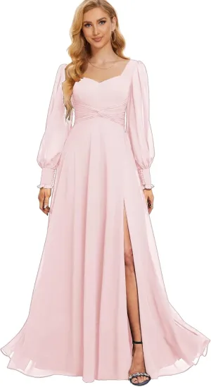 Chiffon Bridesmaid Dresses for Women Long Sleeve Wedding Guest Dress with Slit Formal Evening Gown