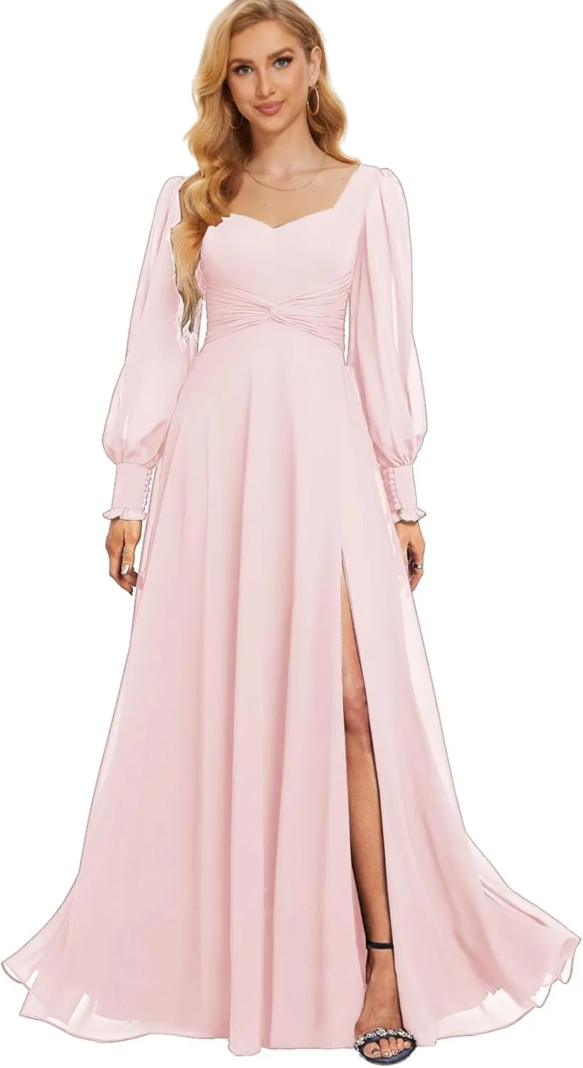 Chiffon Bridesmaid Dresses for Women Long Sleeve Wedding Guest Dress with Slit Formal Evening Gown