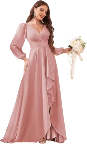 Chiffon Long Sleeve Bridesmaid Dresses for Women Long Ruffle V Neck Formal Evening Gown with Slit