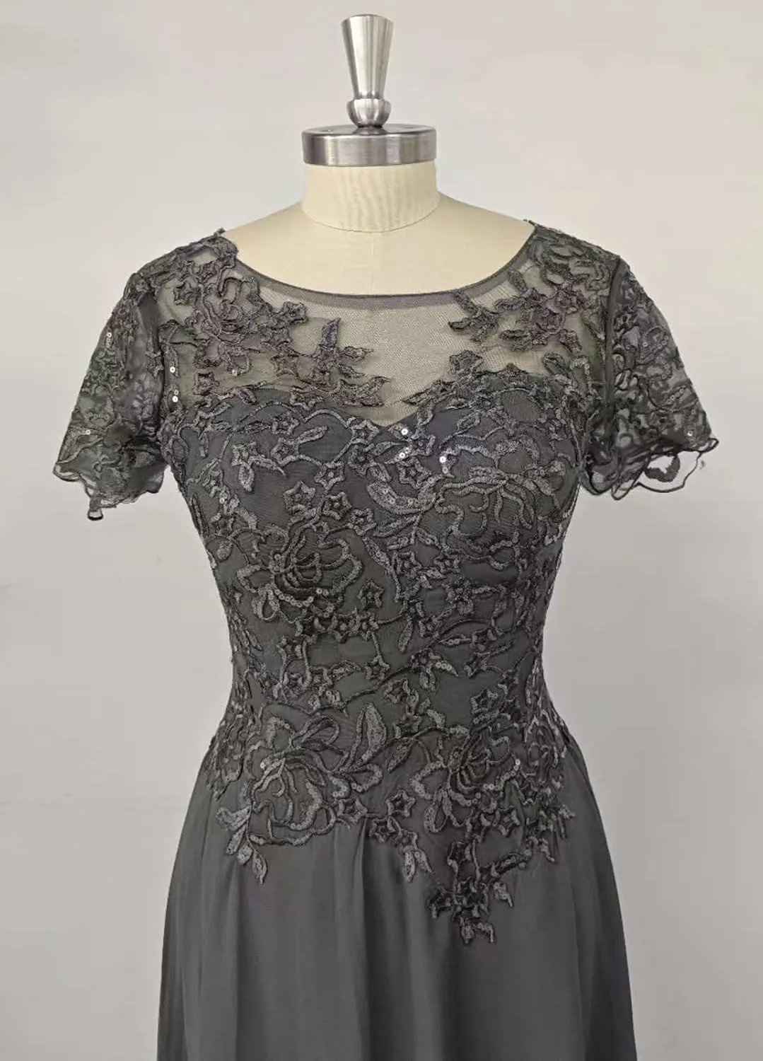 Chiffon Mother of The Bride Dresses for Wedding Short Sleeve Lace Applique Formal Evening Gown