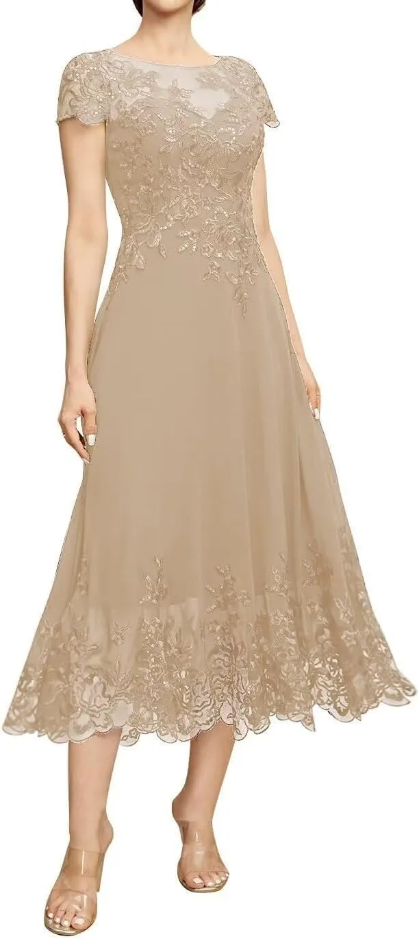 Chiffon Mother of The Bride Dresses for Wedding Short Sleeve Lace Applique Formal Evening Gown