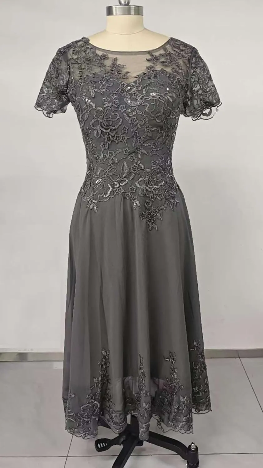 Chiffon Mother of The Bride Dresses for Wedding Short Sleeve Lace Applique Formal Evening Gown