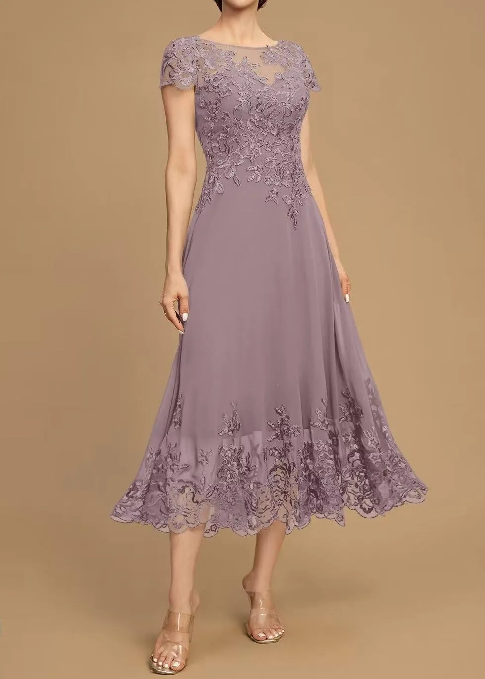 Chiffon Mother of The Bride Dresses for Wedding Short Sleeve Lace Applique Formal Evening Gown
