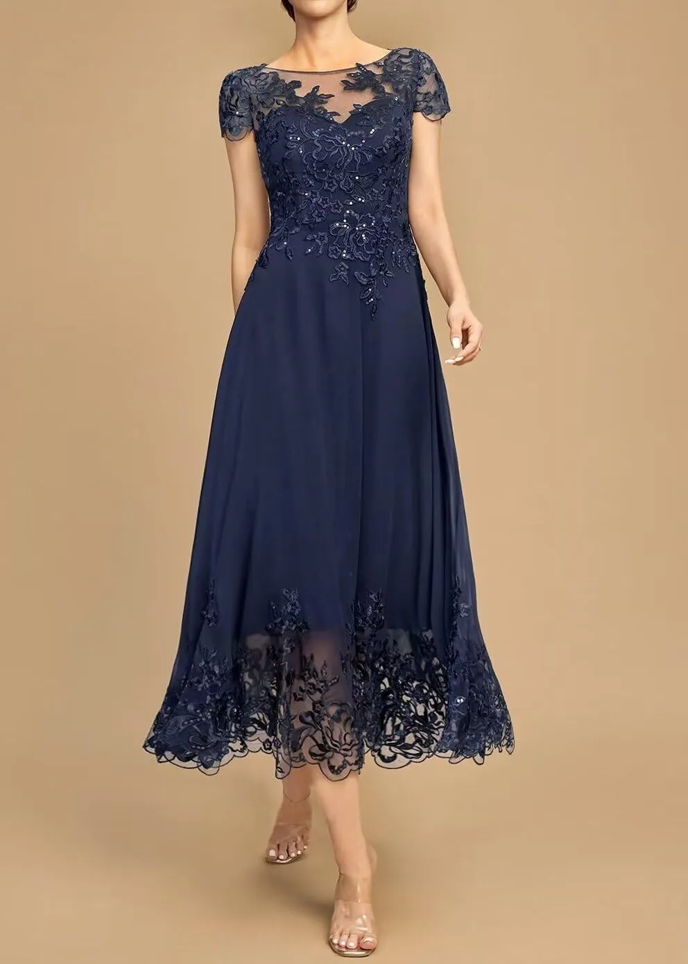 Chiffon Mother of The Bride Dresses for Wedding Short Sleeve Lace Applique Formal Evening Gown