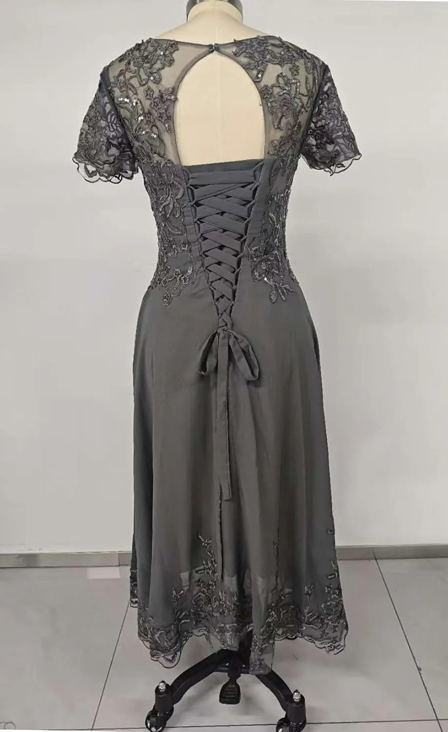 Chiffon Mother of The Bride Dresses for Wedding Short Sleeve Lace Applique Formal Evening Gown