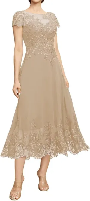 Chiffon Mother of The Bride Dresses for Wedding Short Sleeve Lace Applique Formal Evening Gown