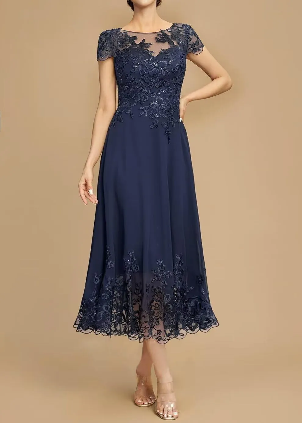 Chiffon Mother of The Bride Dresses for Wedding Short Sleeve Lace Applique Formal Evening Gown