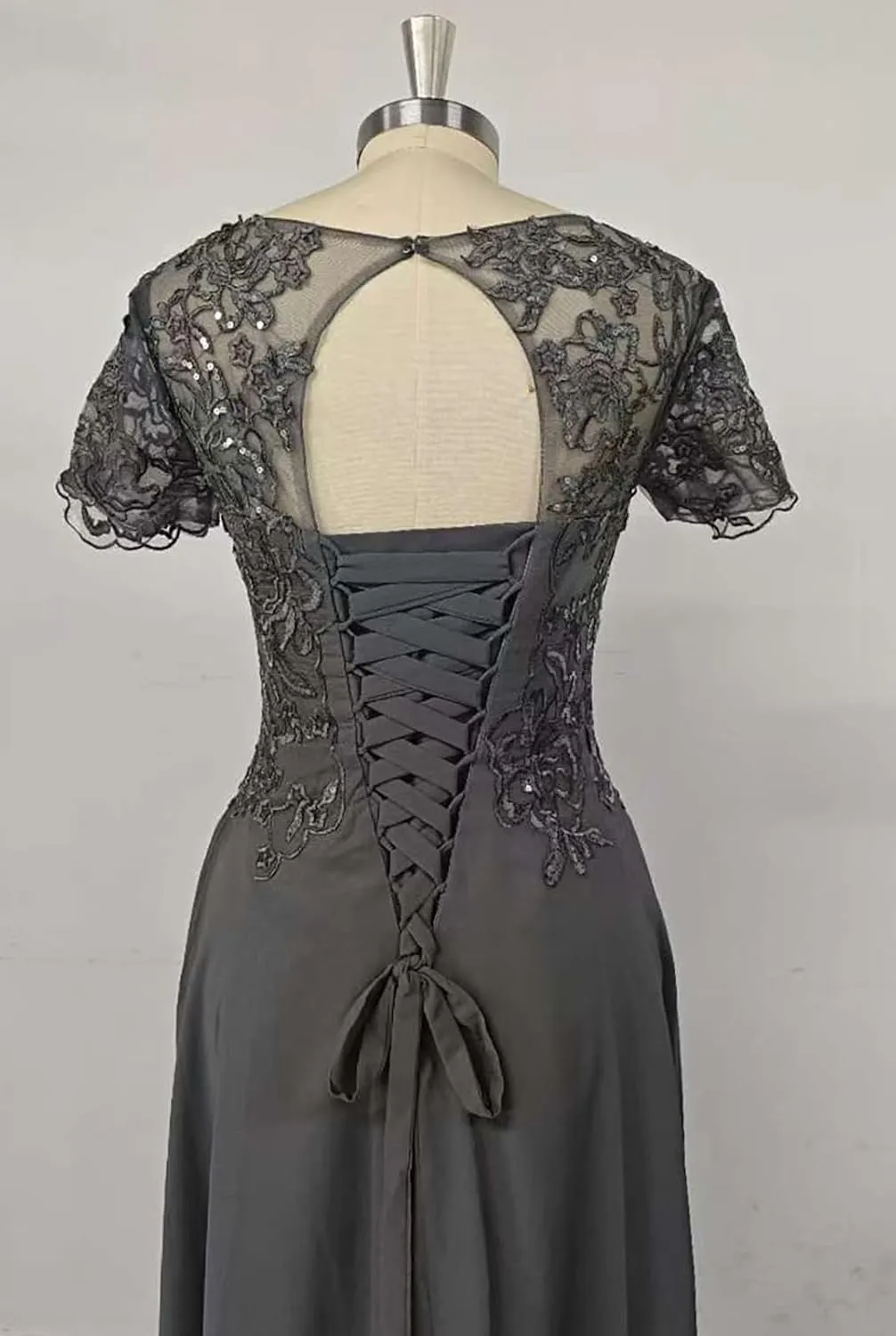 Chiffon Mother of The Bride Dresses for Wedding Short Sleeve Lace Applique Formal Evening Gown