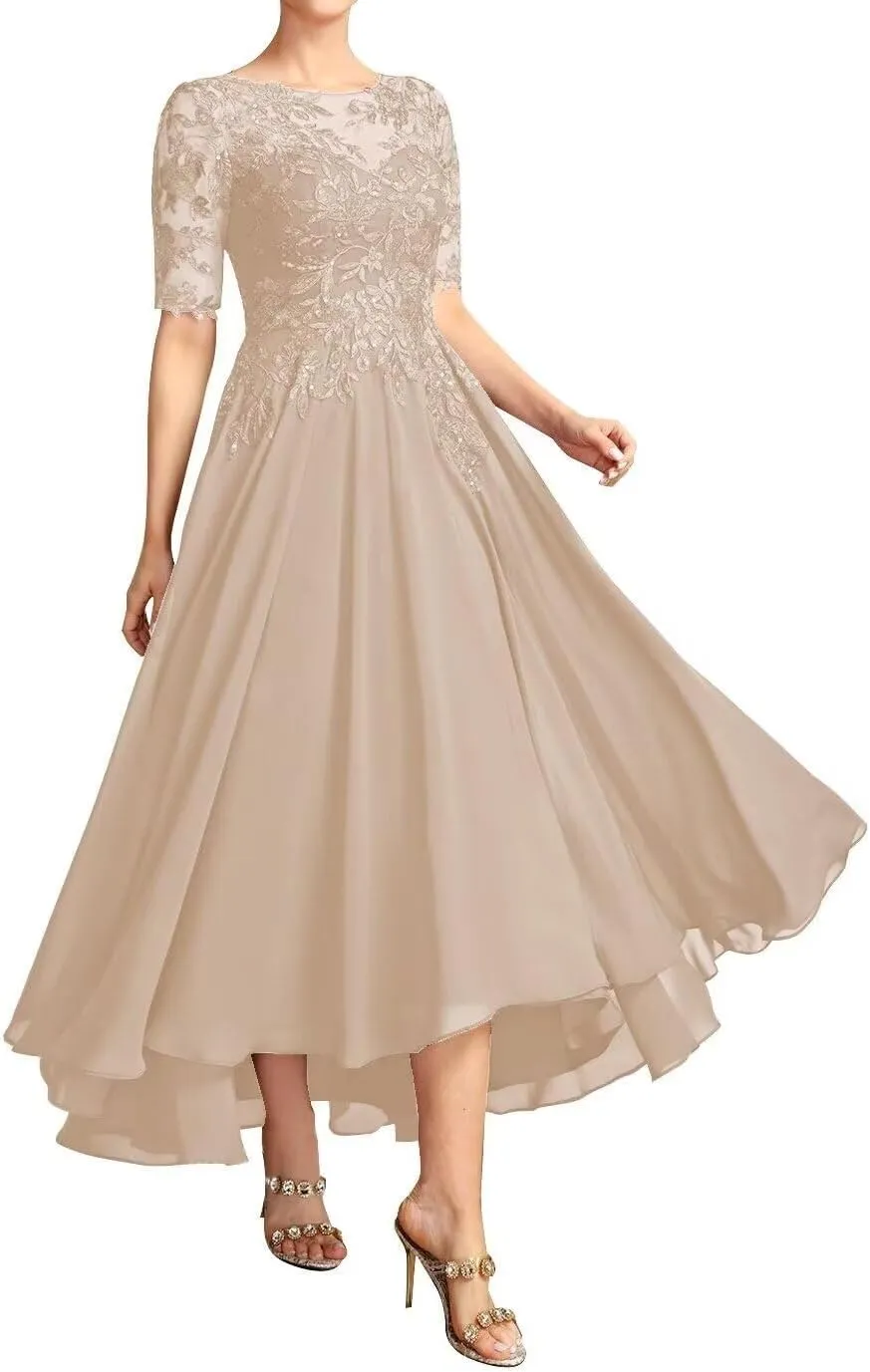 Chiffon Mother of The Bride Dresses for Women Cap Sleeves Tea Length Evening Gown for Wedding Guest Dress