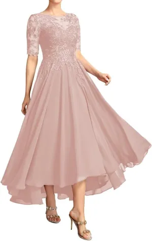 Chiffon Mother of The Bride Dresses for Women Cap Sleeves Tea Length Evening Gown for Wedding Guest Dress