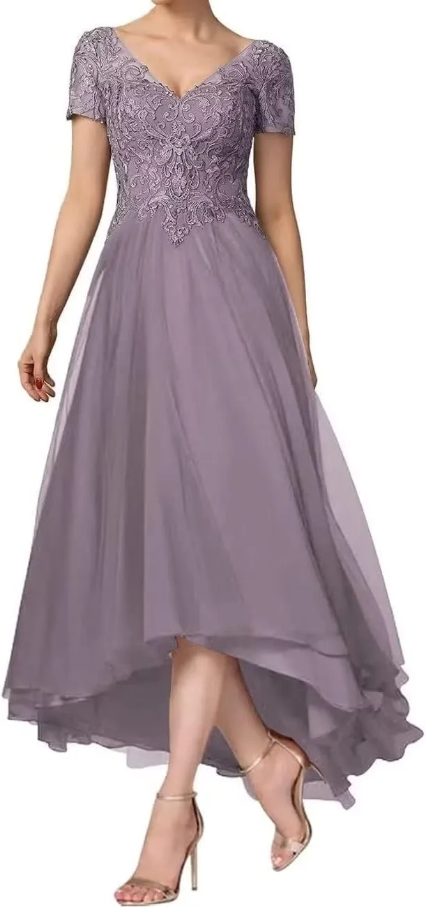 Chiffon Mother of The Bride Dresses Short Sleeves Mother of The Groom Dress A-line V-Neck Formal Evening Dress