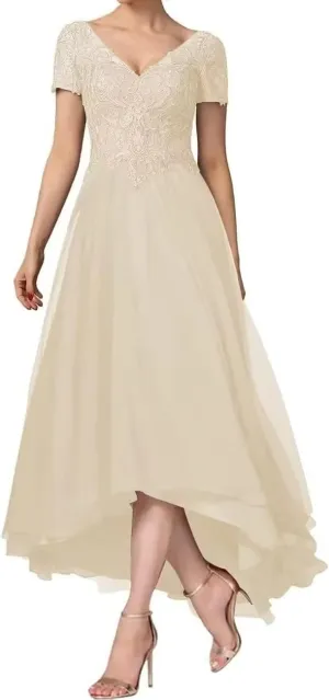 Chiffon Mother of The Bride Dresses Short Sleeves Mother of The Groom Dress A-line V-Neck Formal Evening Dress
