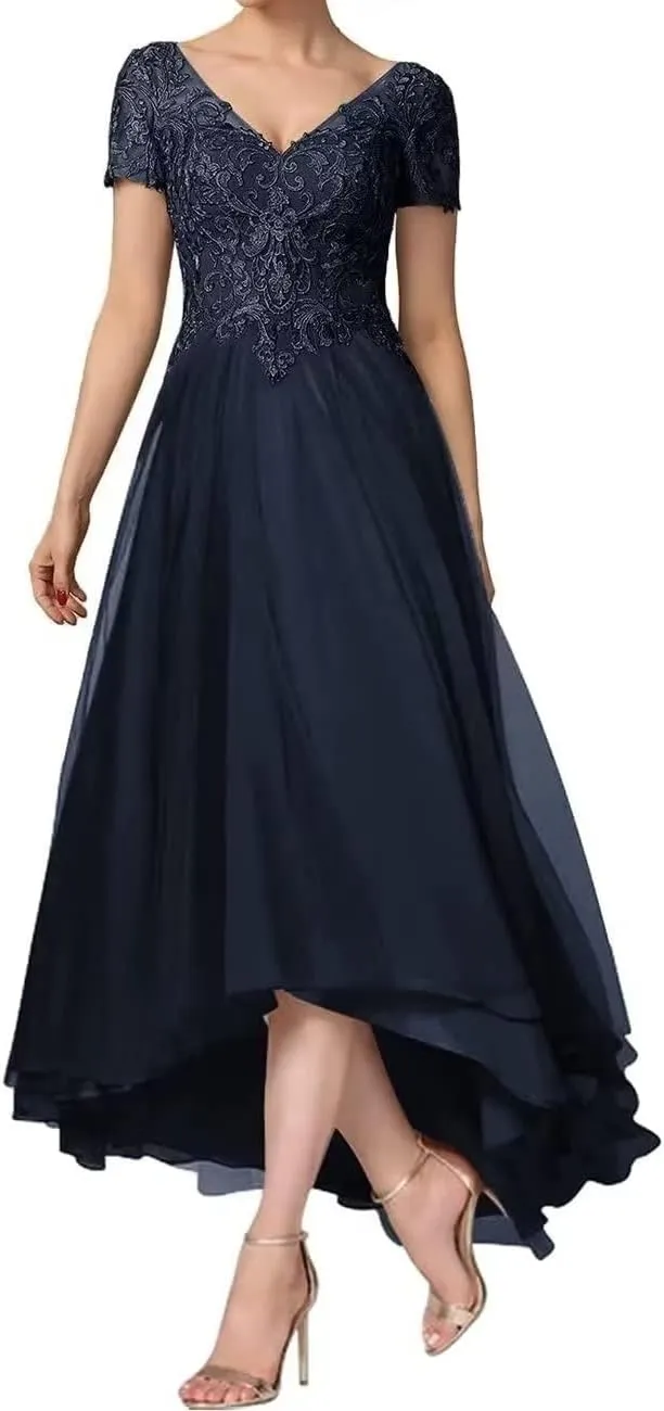 Chiffon Mother of The Bride Dresses Short Sleeves Mother of The Groom Dress A-line V-Neck Formal Evening Dress