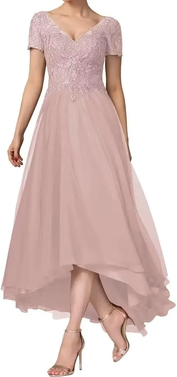 Chiffon Mother of The Bride Dresses Short Sleeves Mother of The Groom Dress A-line V-Neck Formal Evening Dress