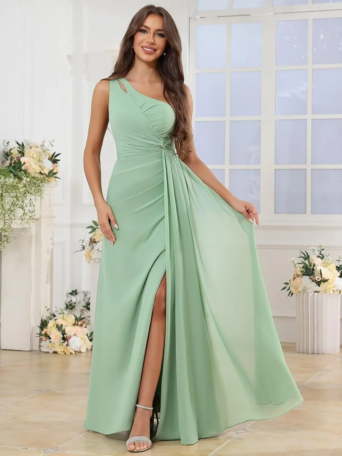 Chiffon One Shoulder Bridesmaid Dresses for Women Long A Line Pleated Formal Evening Gown with Slit