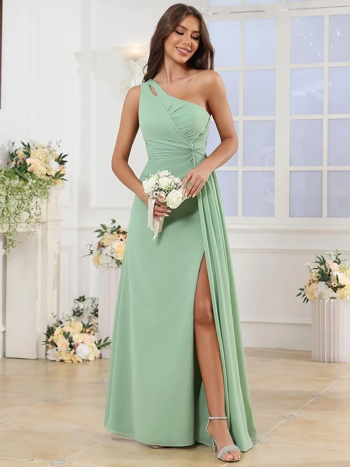 Chiffon One Shoulder Bridesmaid Dresses for Women Long A Line Pleated Formal Evening Gown with Slit