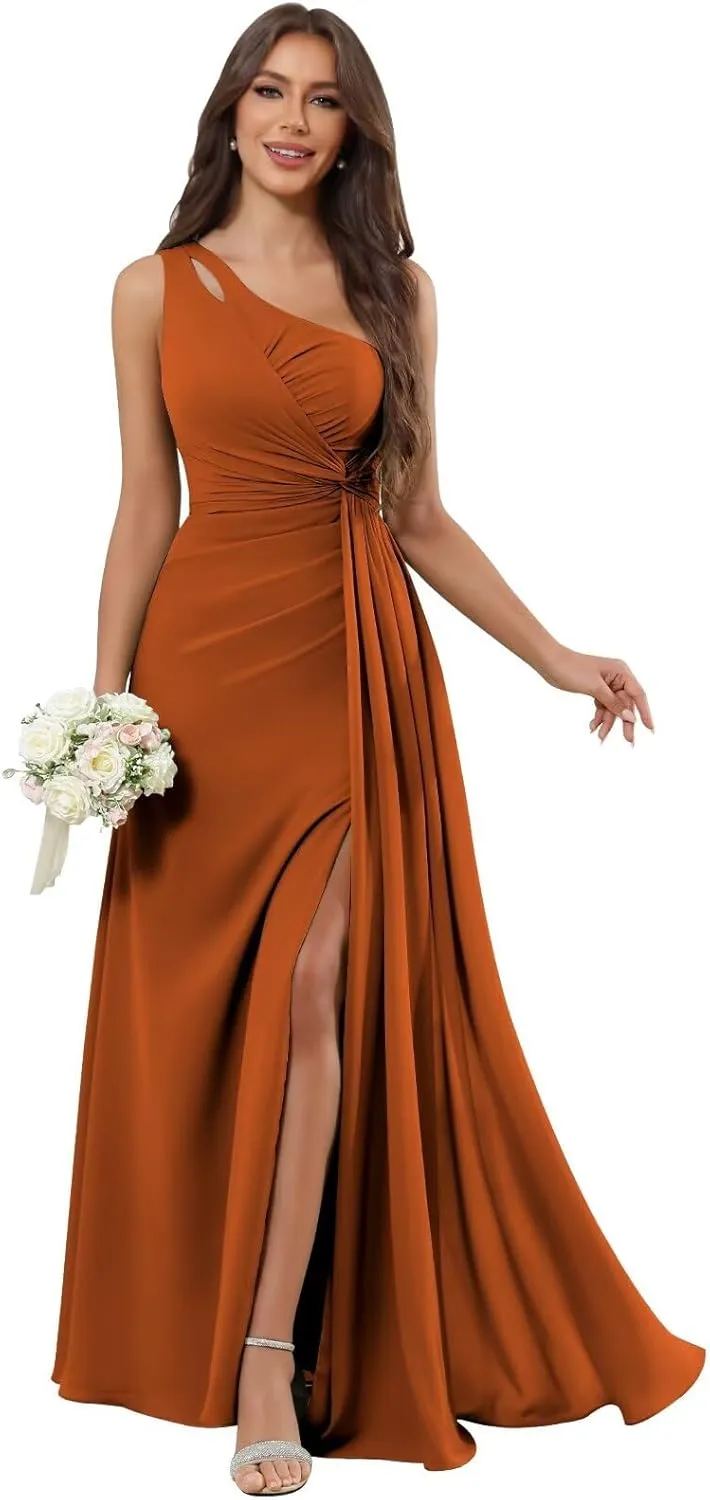 Chiffon One Shoulder Bridesmaid Dresses for Women Long A Line Pleated Formal Evening Gown with Slit