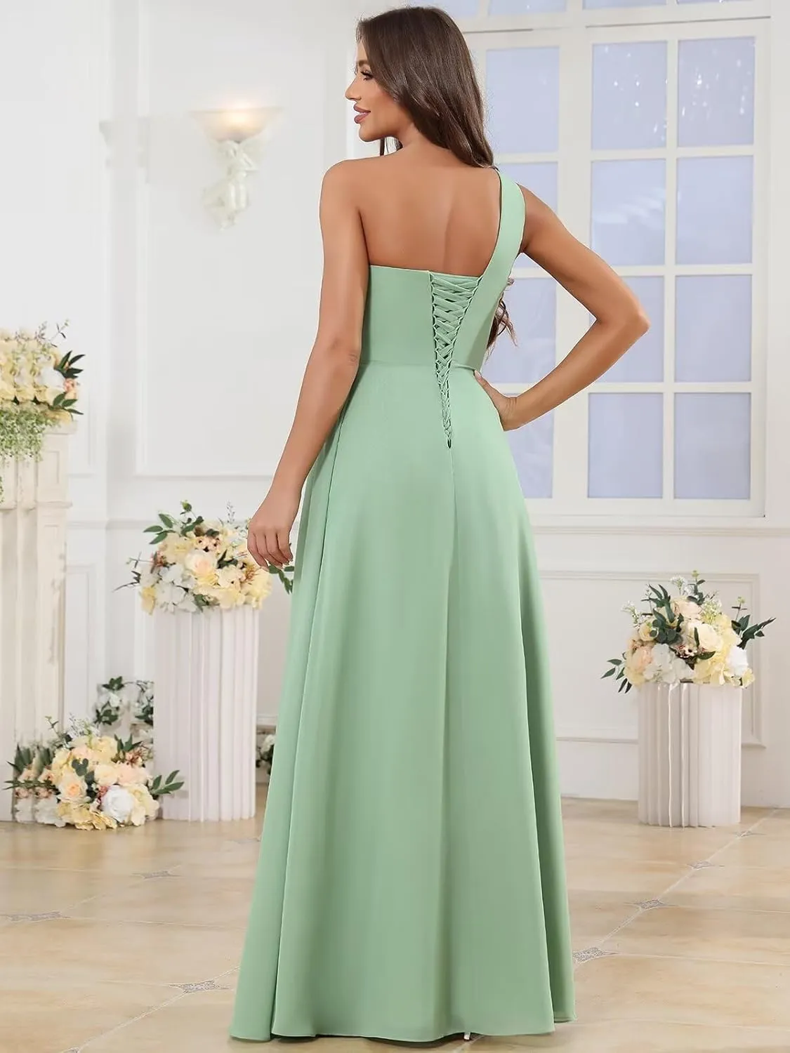 Chiffon One Shoulder Bridesmaid Dresses for Women Long A Line Pleated Formal Evening Gown with Slit