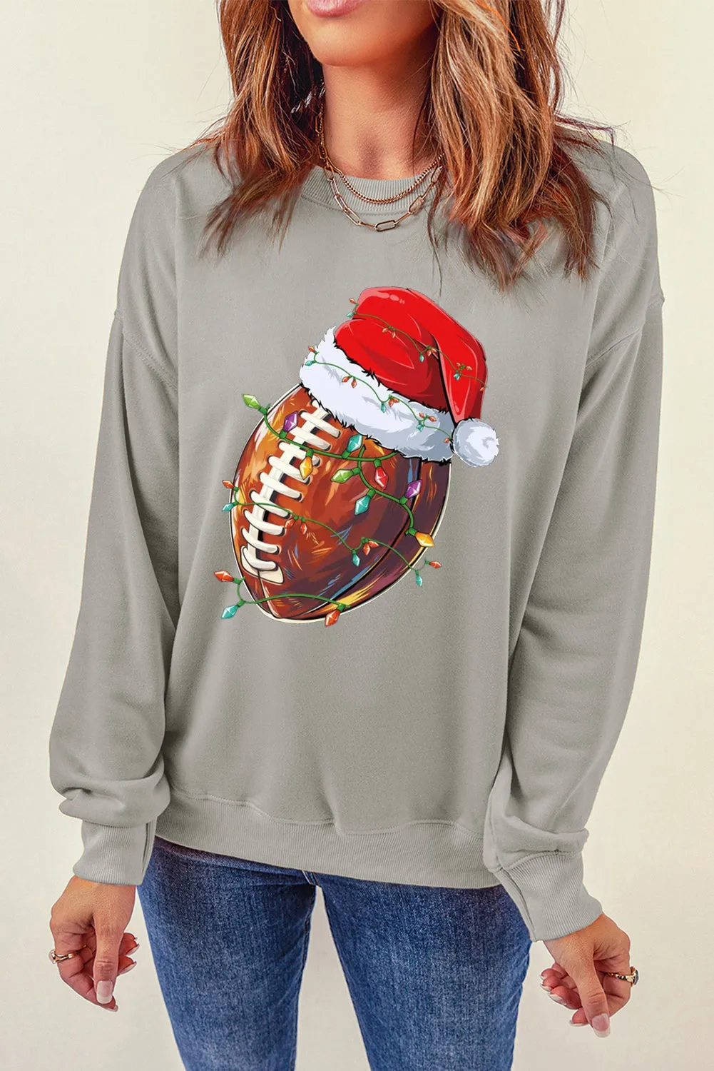 Christmas Baseball Santa Hat Pattern Crew Neck Pullover Sweatshirt
