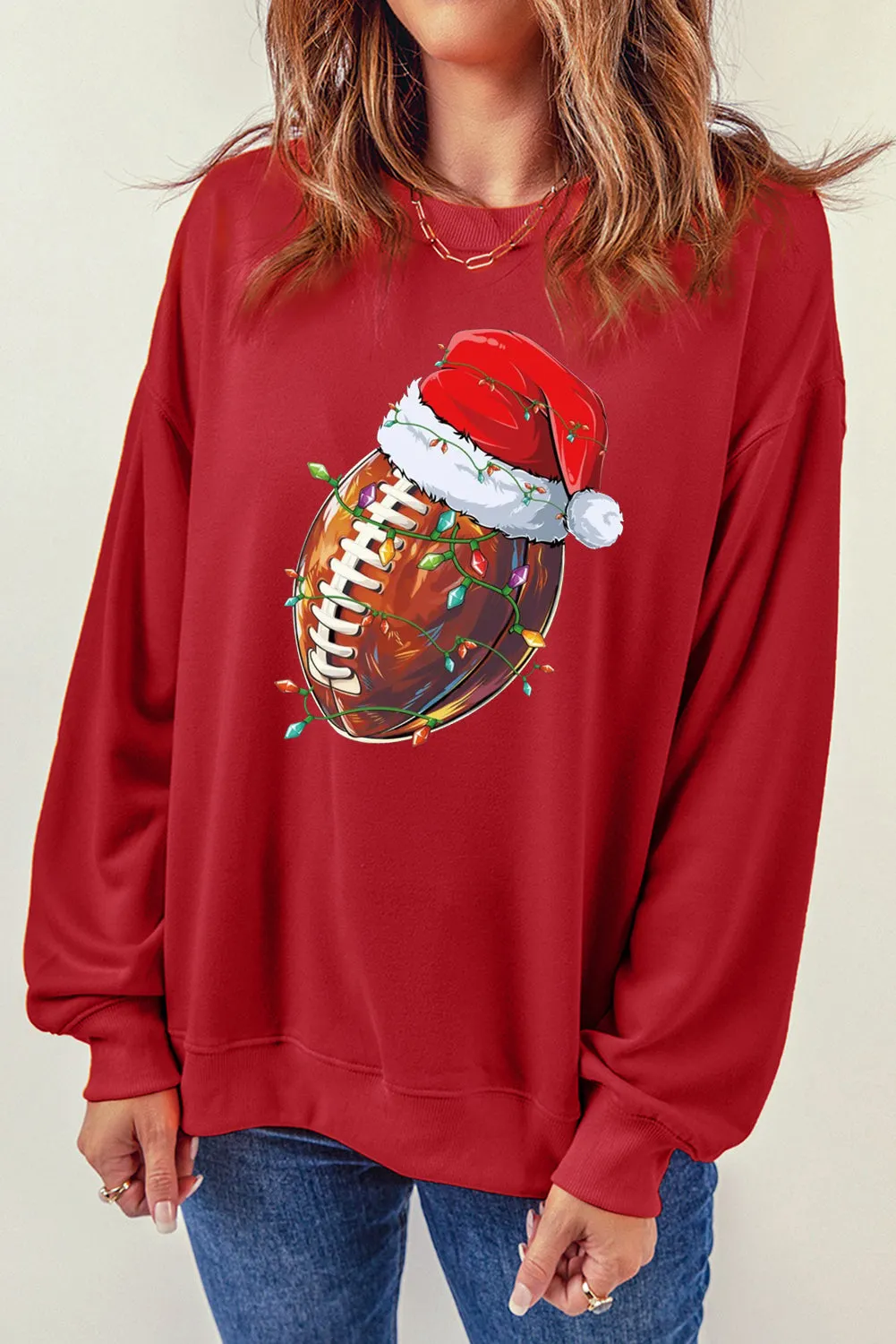 Christmas Baseball Santa Hat Pattern Crew Neck Pullover Sweatshirt
