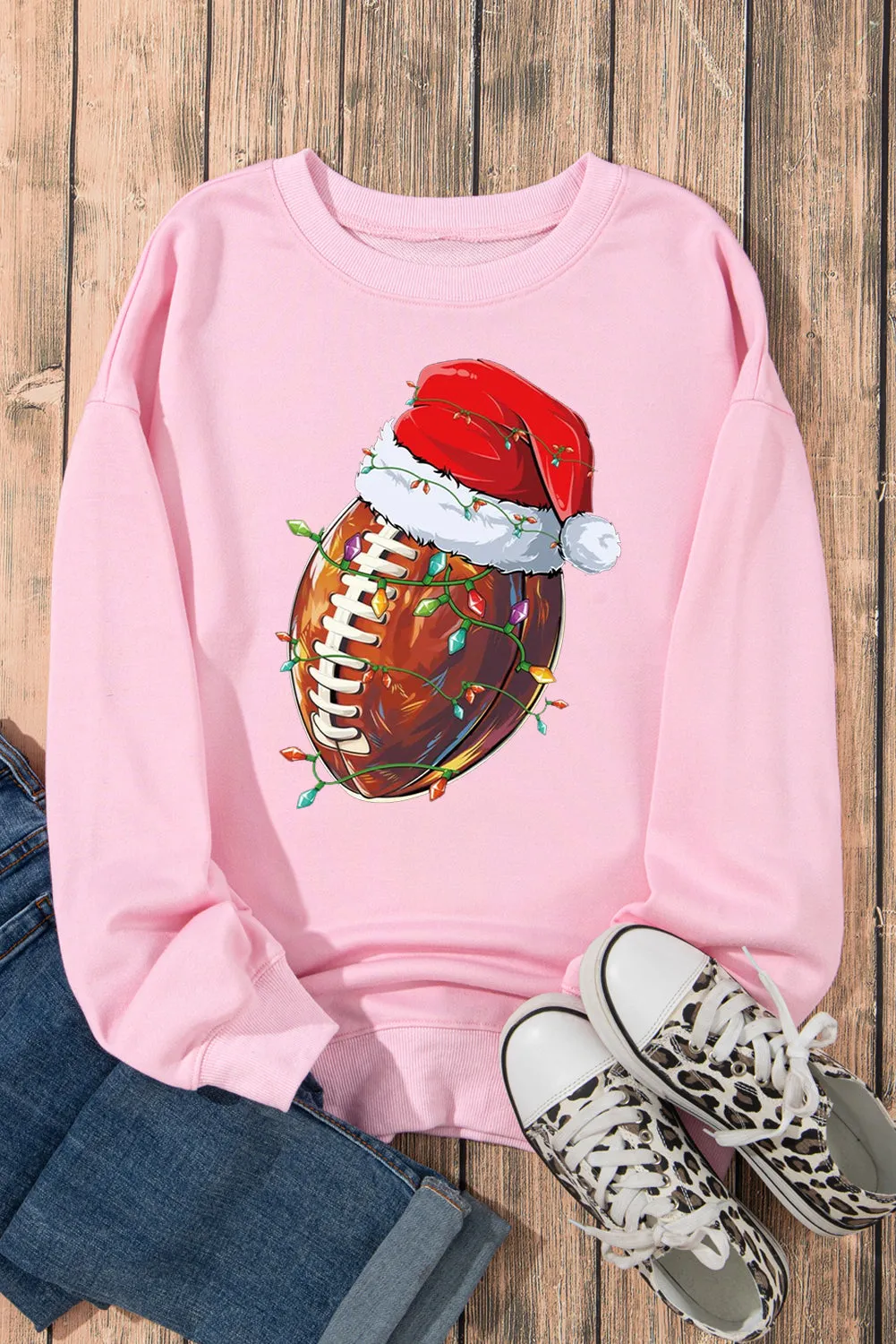 Christmas Baseball Santa Hat Pattern Crew Neck Pullover Sweatshirt
