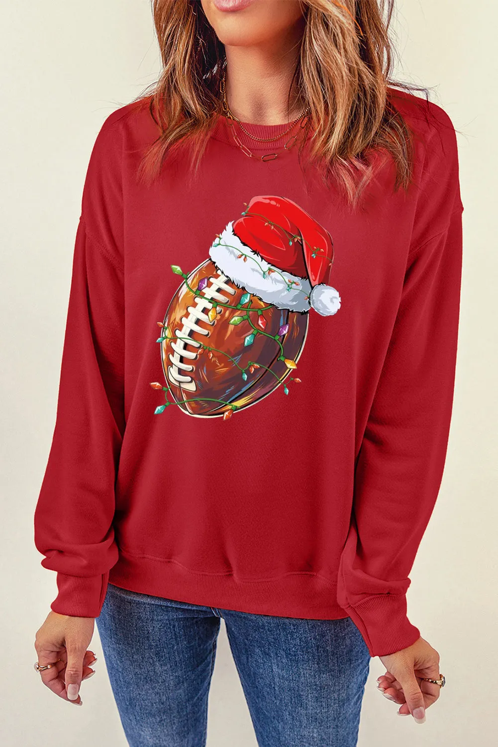 Christmas Baseball Santa Hat Pattern Crew Neck Pullover Sweatshirt