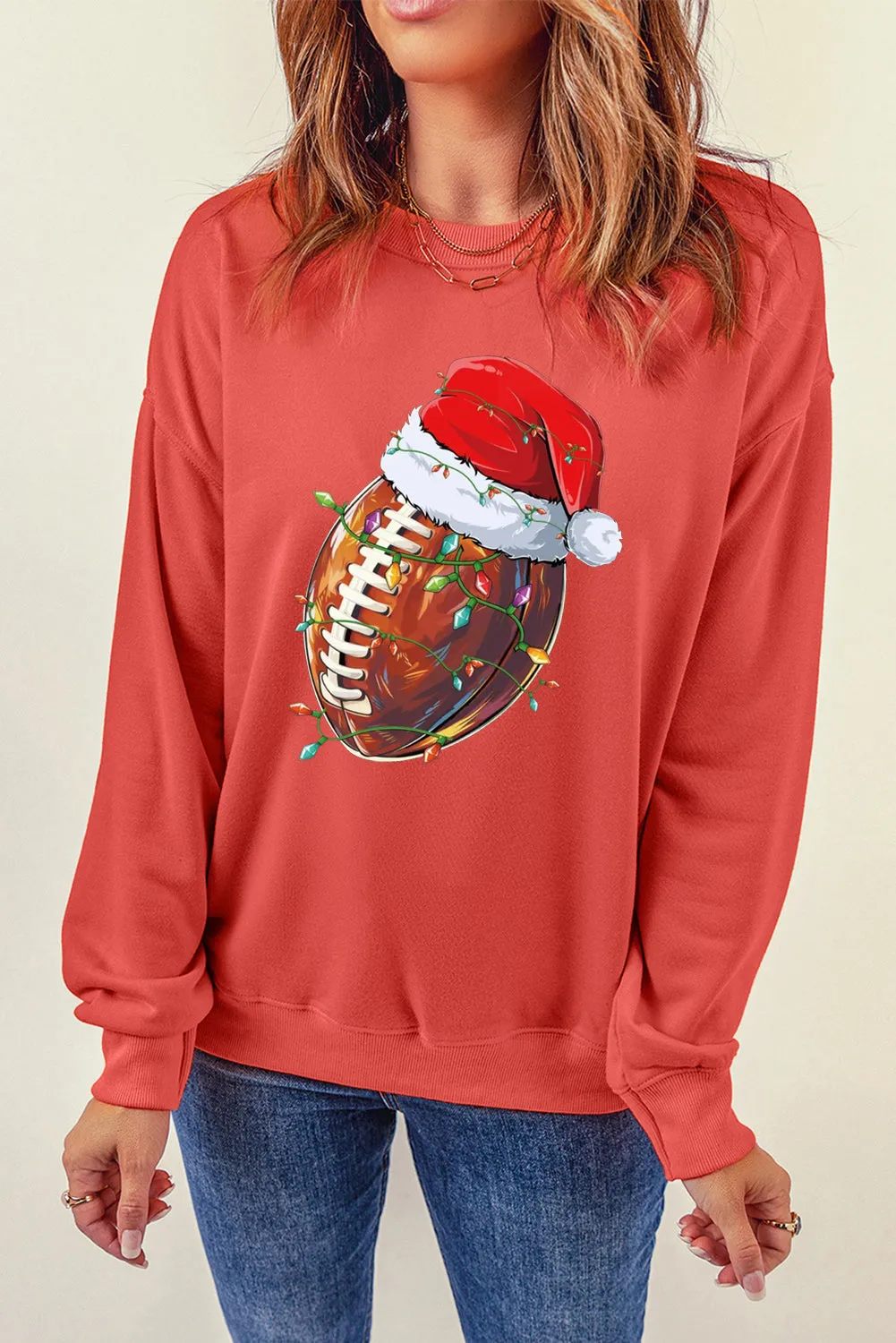 Christmas Baseball Santa Hat Pattern Crew Neck Pullover Sweatshirt